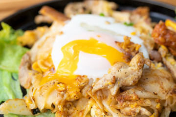 Stir fried noodles with chicken and fried egg (Thai food)