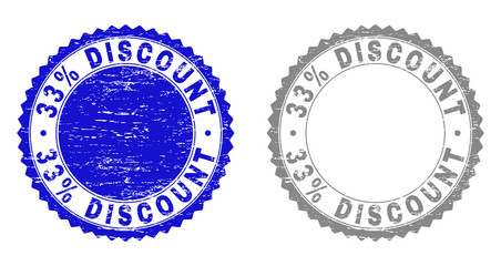 33% DISCOUNT stamp seals with distress texture in blue and gray colors isolated on white background. Vector rubber watermark of 33% DISCOUNT text inside round rosette. Stamp seals with retro styles.