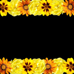 Beautiful floral background of tulips, marigolds and gazania