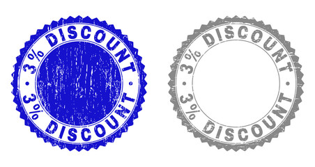 3% DISCOUNT stamp seals with grunge texture in blue and gray colors isolated on white background. Vector rubber imprint of 3% DISCOUNT caption inside round rosette. Stamp seals with dirty textures.