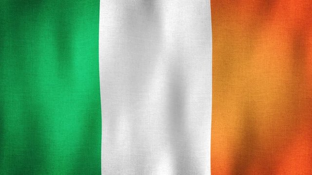 Ireland flag waving in the wind. Closeup in 4k of realistic Irish flag with highly detailed fabric texture