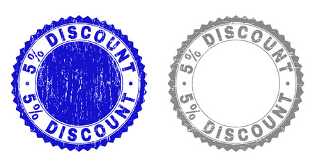 5% DISCOUNT stamp seals with grunge texture in blue and grey colors isolated on white background. Vector rubber overlay of 5% DISCOUNT label inside round rosette. Stamp seals with dirty textures.