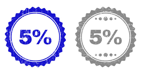 5% stamp seals with distress texture in blue and grey colors isolated on white background. Vector rubber imprint of 5% text inside round rosette. Stamp seals with dirty styles.
