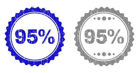 95% stamp seals with distress texture in blue and gray colors isolated on white background. Vector rubber watermark of 95% text inside round rosette. Stamp seals with unclean textures.