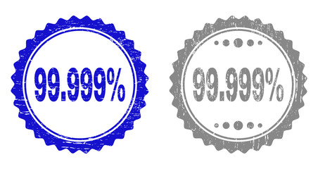 99.999% stamp seals with grunge texture in blue and grey colors isolated on white background. Vector rubber watermark of 99.999% caption inside round rosette. Stamp seals with grunge styles.