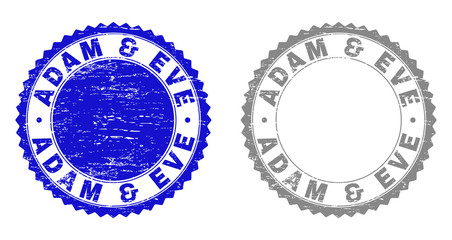 ADAM & EVE stamp seals with distress texture in blue and grey colors isolated on white background. Vector rubber overlay of ADAM & EVE label inside round rosette. Stamp seals with scratched textures.