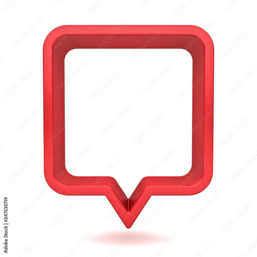 Poster 3d red speech bubble or blank red rounded square chat pin isolated on white background with shadow 3D rendering