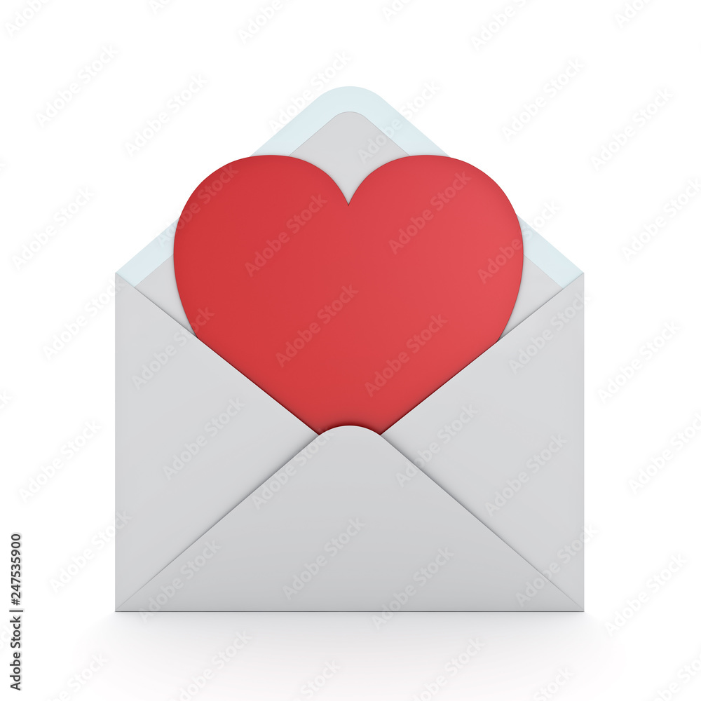 Aufkleber Blank red heart shape paper cut card in white envelope isolated on white background with shadow for valentine's day 3D rendering