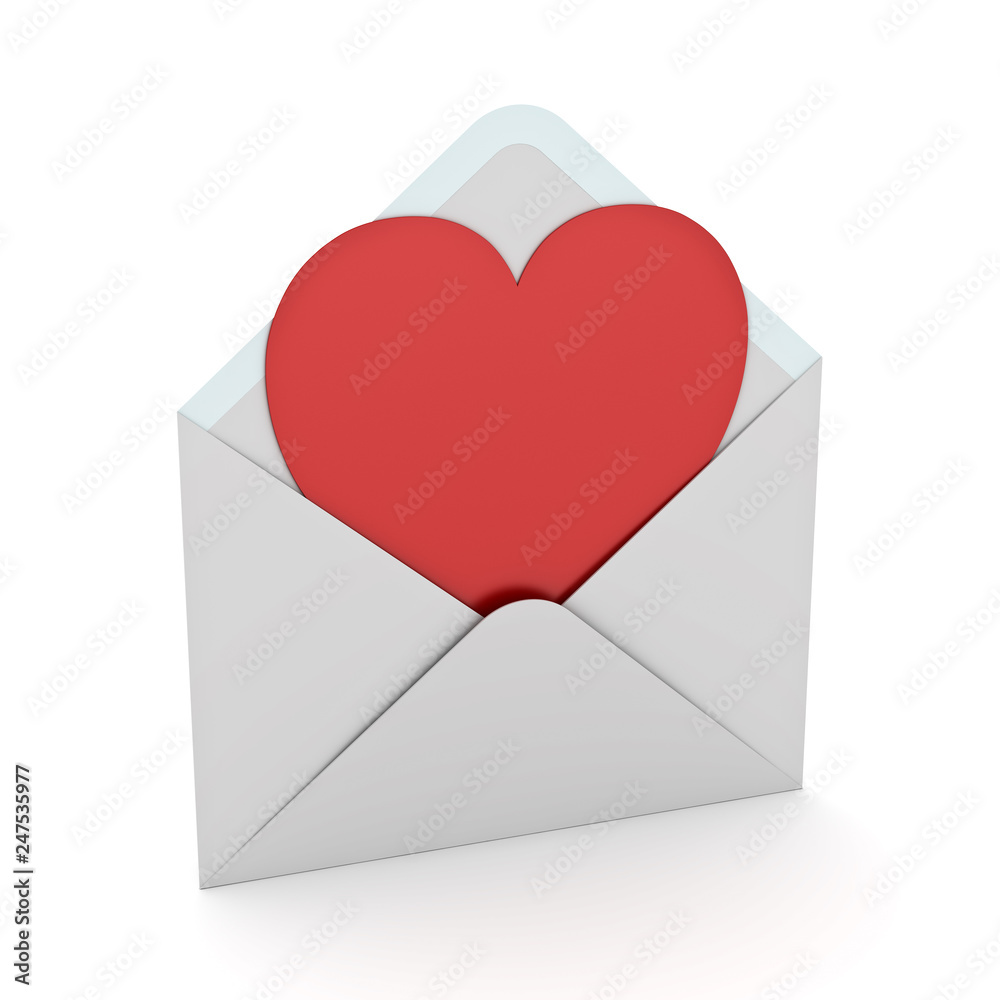 Poster blank red heart shape paper cut card in white envelope isolated on white background with shadow for 
