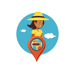 woman tourist with hat and pin location