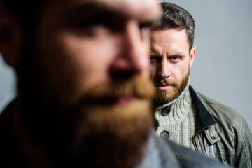Feel support of real friend. Man bearded guy stand behind back of friend hipster. True friend...