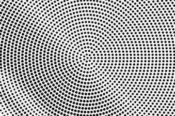 Black on white circular halftone texture. Diagonal dotwork gradient. Dotted vector background.