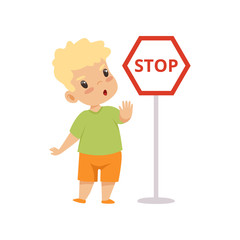 Cute Boy Showing Stop Gesture While Standing Next Warning Road Sign, Traffic Education, Rules, Safety of Kids in Traffic Vector Illustration