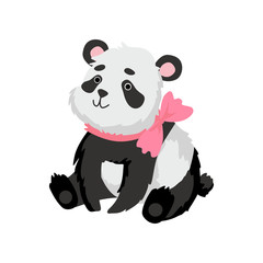 Cute Baby Panda Bear with Pink Bow on his Neck, Happy Lovely Animal Character Vector Illustration
