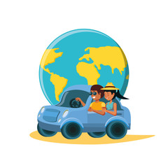 couple driving tourism little car with world planet