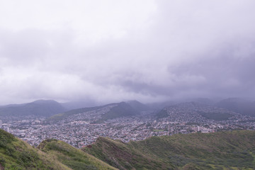 landscape with mountains and clouds and city