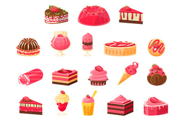 Pink sweets and desserts big set, cupcakes, ice cream, cakes with strawberry flavor vector illustration