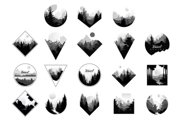 Foto op Plexiglas Set van zwart-wit landschappen in geometrische vormen cirkel, driehoek, ruit. Natuurlijke landschappen met wilde dennenbossen. Platte vector voor bedrijfslogo of campinglogo © topvectors