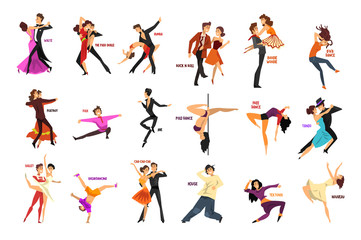 Professional dancer people dancing, young man and woman dressed in elegant clothing performing dances vector Illustrations on a white background