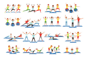 Fototapeta na wymiar Set of people working out in gym. Young girls and guys doing exercises. Physical activity. Healthy lifestyle. Men and women in sportswear. Flat vector design