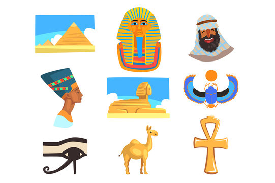 Flat vector set of Egyptian culture elements. Pyramids, camel, man in keffiyeh, Tutankhamen and Nefertiti, Great Sphinx of Giza, Ankh, eye of Horus and scarab beetle