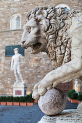 Lion statue at the Loggia dei Lanzi in Palazzo Vecchio, Florence. Lion Medici, Firenze landmarks