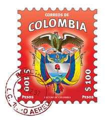 Colombian stamp. Escudo de Colombia. Red stamped