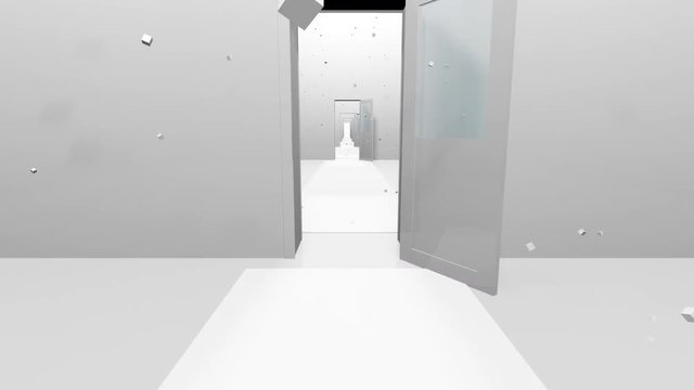 Futuristic rooms and flying cubes. 3d rendering volume