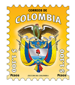 Colombian stamp. Escudo de Colombia. Yellow