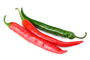 green and red hot chili peppers isolated on white background. top view