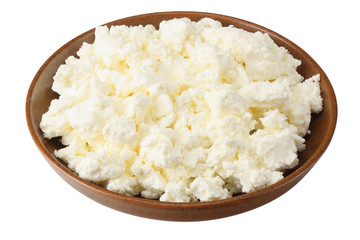 cottage cheese in brown bowl isolated on white background