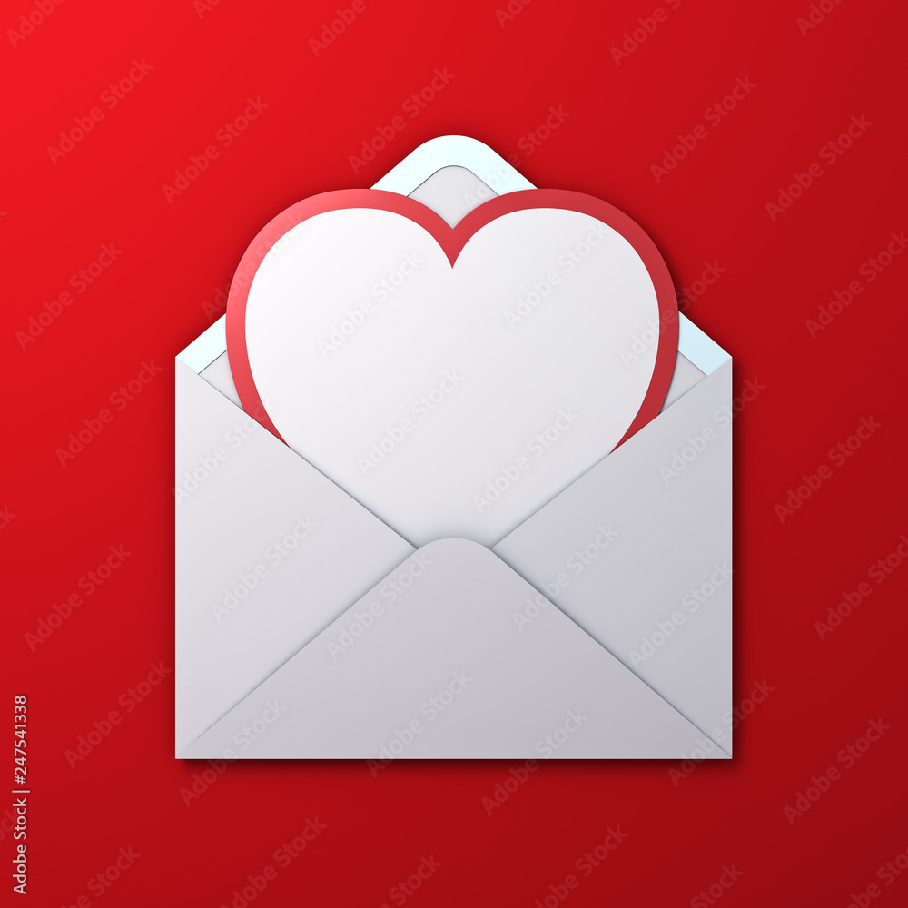 Poster Blank white heart shape paper cut card with red edge in white envelope isolated on red background with shadow for valentine's day 3D rendering