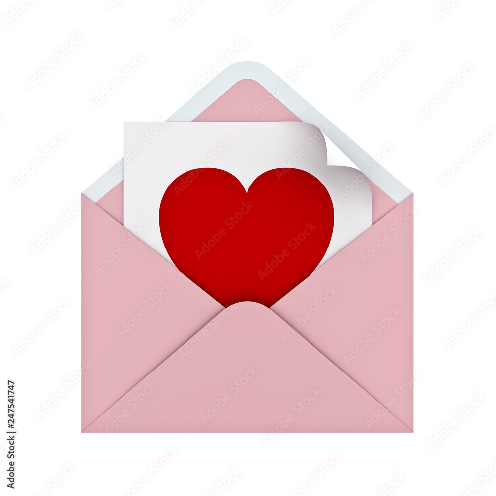 Aufkleber blank red heart shape on white paper note in pink pastel color envelope isolated on white background
