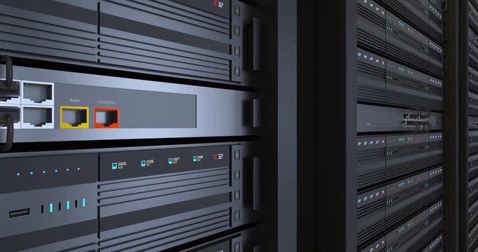 Close Up Server Racks In a Modern Data Center. Camera Slowly Moving Forward. Technology Related 4K 3D Animation. Seamless Loop.