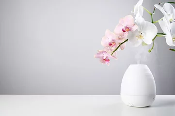 Poster Ultrasonic Oil diffuser and orchid flowers on white table of gray background © Dariia Belkina