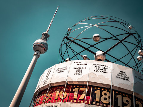 Berlin Television Tower with world clock in front, low angle clear sky