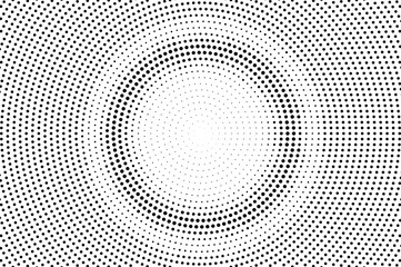Black on white round halftone texture. Pale dotwork gradient. Distressed dotted vector background