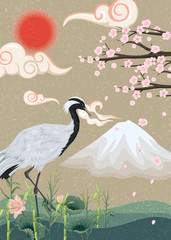 illustration with crane and blossoming sakura on a background of a mountain and a sunset