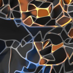Abstract 3d rendering of chaotic black landscape structure with golden frame. Futuristic shape in empty space