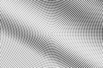 Black on white round halftone texture. Frequent dotwork gradient. Distressed dotted vector background.