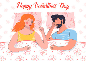 Couple in love sleeping in bed.Happy family.Cute cartoon characters.Romantic illustration perfect for greeting cards prints,flyers,posters,invitations and more.Valentines day card concept.