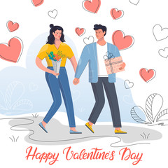 Couple holding hands and walking.Cute cartoon characters.Romantic illustration perfect for greeting cards, prints,flyers,posters,holiday invitations and more.Valentines day card concept.