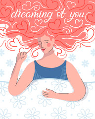 Young woman dreaming in bed.Hearts background.Cute cartoon character.Romantic illustration perfect for greeting cards prints,flyers,posters,invitations and more.Valentines day card concept.