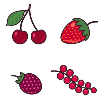 Colorful cartoon set illustration of different kinds of berries. Isolated on white.