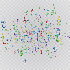 Colorful confetti on a beautiful background. Celebration and party. Colorful bright confetti isolated on transparent background. Festive vector illustration.