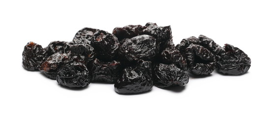 Prunes, dry plums pile isolated on white background