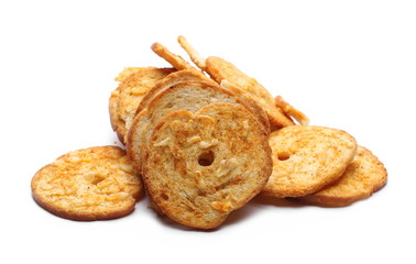 Pizza flavored baked crispy bread rusks, snacks isolated on white background