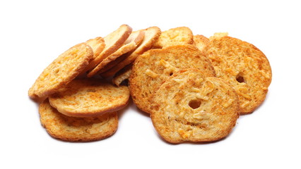 Pizza flavored baked crispy bread rusks, snacks isolated on white background
