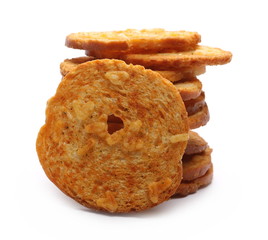 Pizza flavored baked crispy bread rusks, snacks isolated on white background