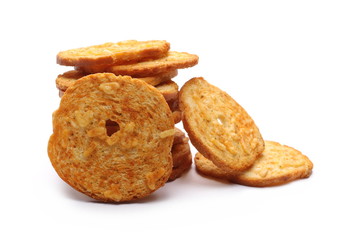 Pizza flavored baked crispy bread rusks, snacks isolated on white background